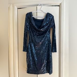 Le chateau dark blue sequin brand new dress with droop back size m